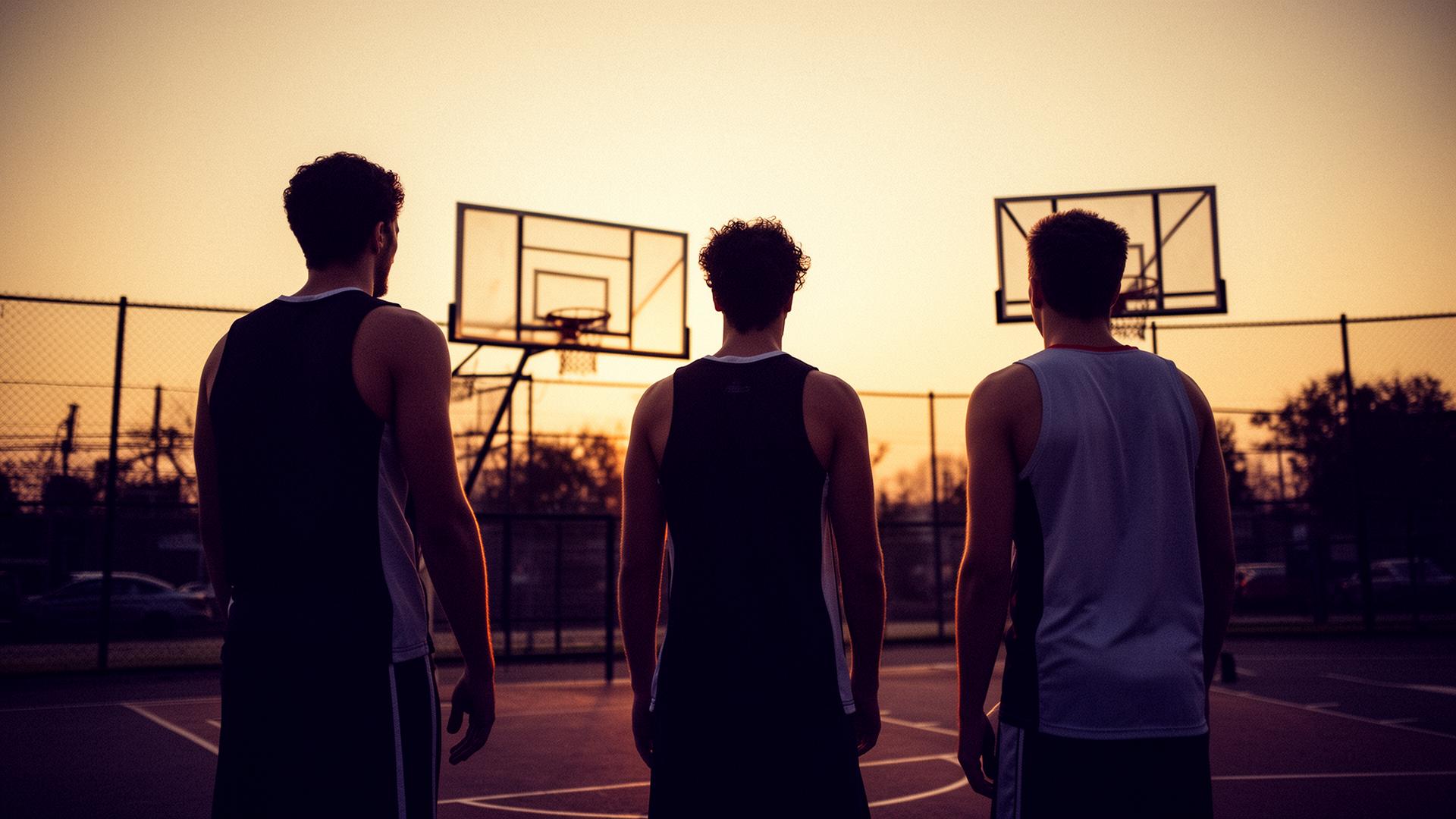 Trois athlètes sur un playground au coucher de soleil